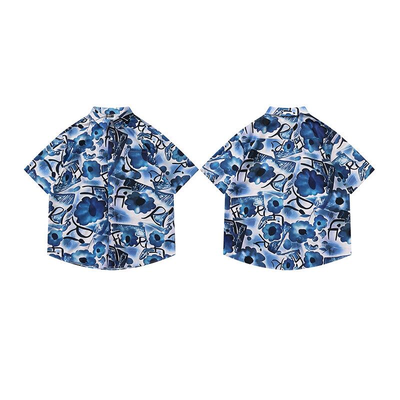 [JINKESEN Series]★Shirt★ Aloha Shirt Okinawa Hawaii Tops Thin Short Sleeve Shirt Unisex Men's Floral Pattern Shirt Blue