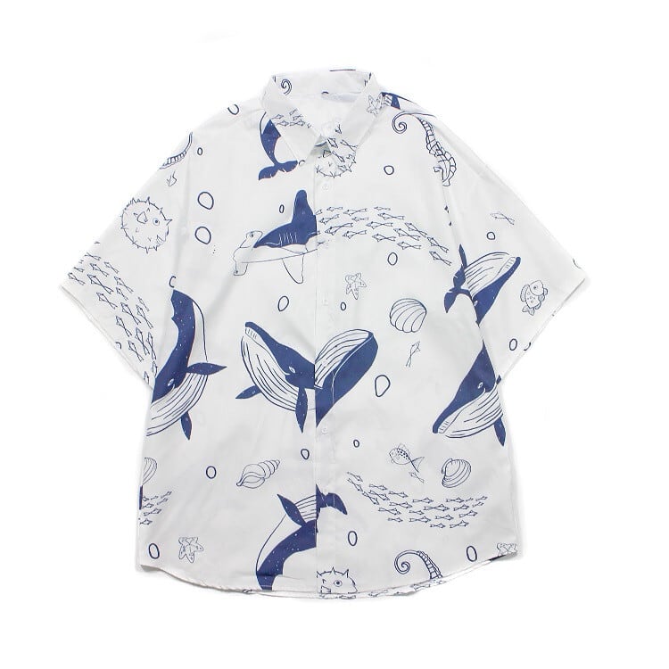 [ZENGDASHEN Series]★Shirt★ Tops 2color Unisex Men's Animal Pattern Shark Sea White Blue