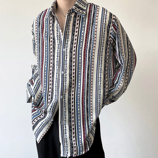 [Illustrated Series]★Shirt★ Tops Unisex Men's Design Print Vertical Stripes Striped Pattern Casual