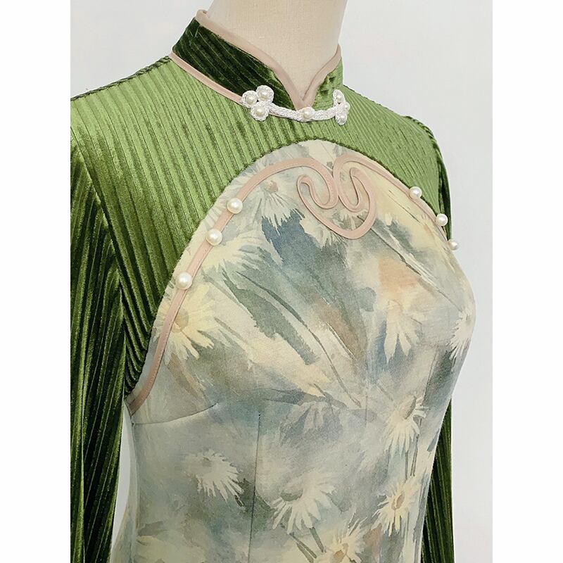 [Features---Flower language series] ★Cheongsam dress★ 2color dress Improves temperament Changeable floral pattern Green Pink