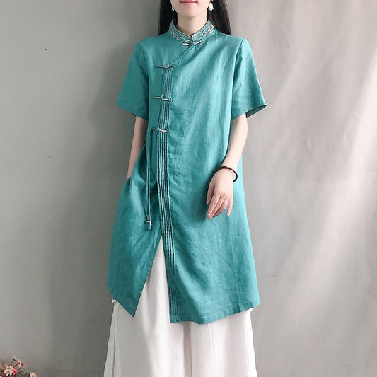 [Kofuku Series]★China style shirt★ 4color long shirt ethnic style blue white pink yellow