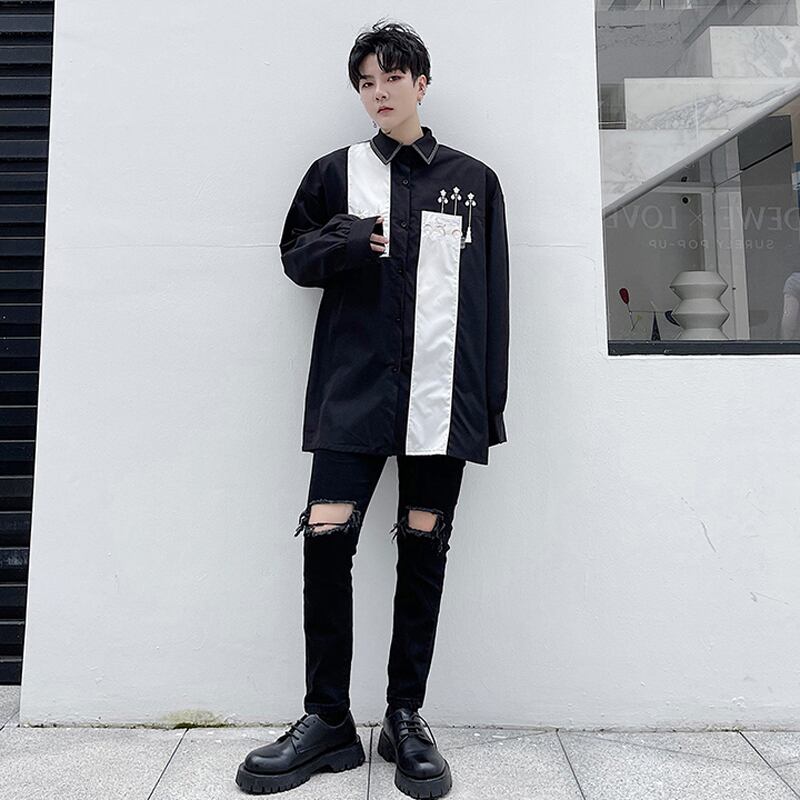 [WENYI Series]★Shirt★ Tops 2color embroidery Color scheme Unisex Black White White Black Improves temperament