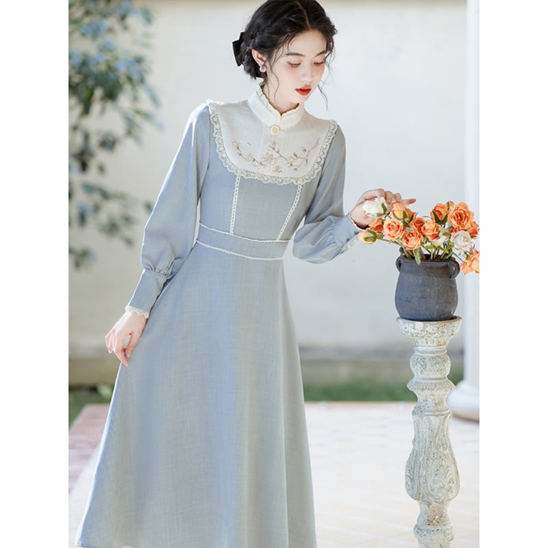 [Tatsuze Chenis Series] ★Chinese style dress★ Hanfu dress, Chinese elements, retro, switching, fake layered, blue, blue