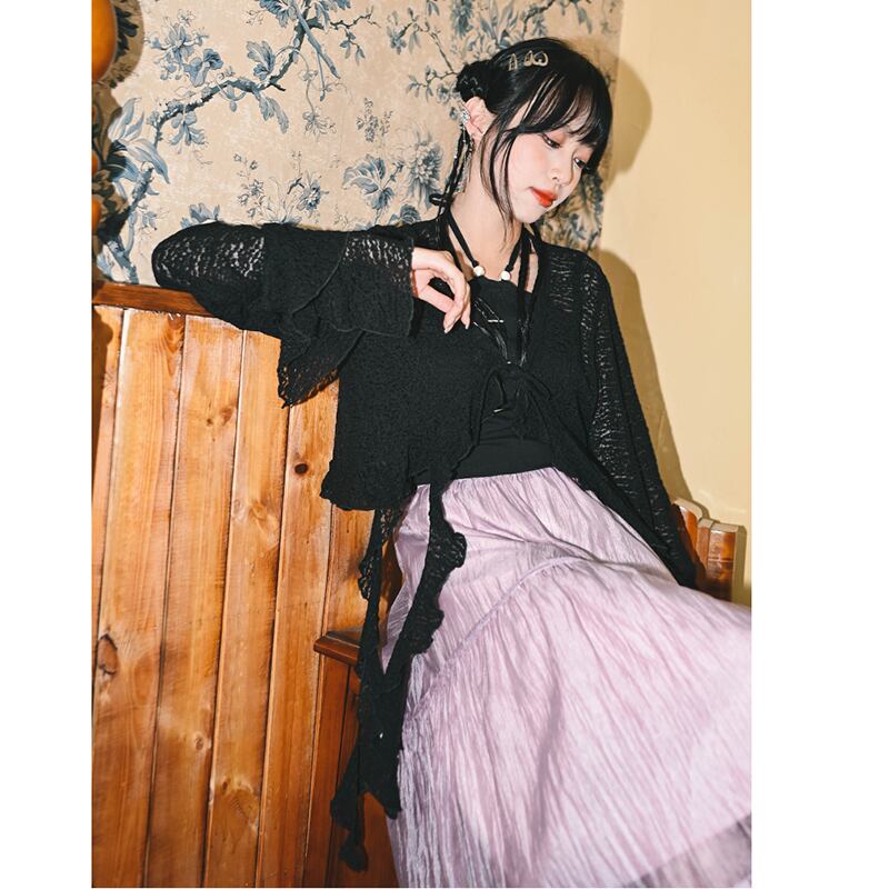 [Kokaisha---Senmugin Series] ★China style outerwear★ Lace happi coat original black black easy to match