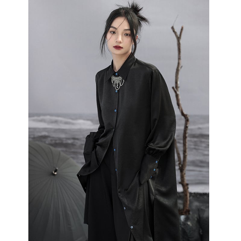 [Big Blue Dragon Series] ★China style shirt★ Long shirt, shirt dress, slit, simple, long length, original, slimming fit