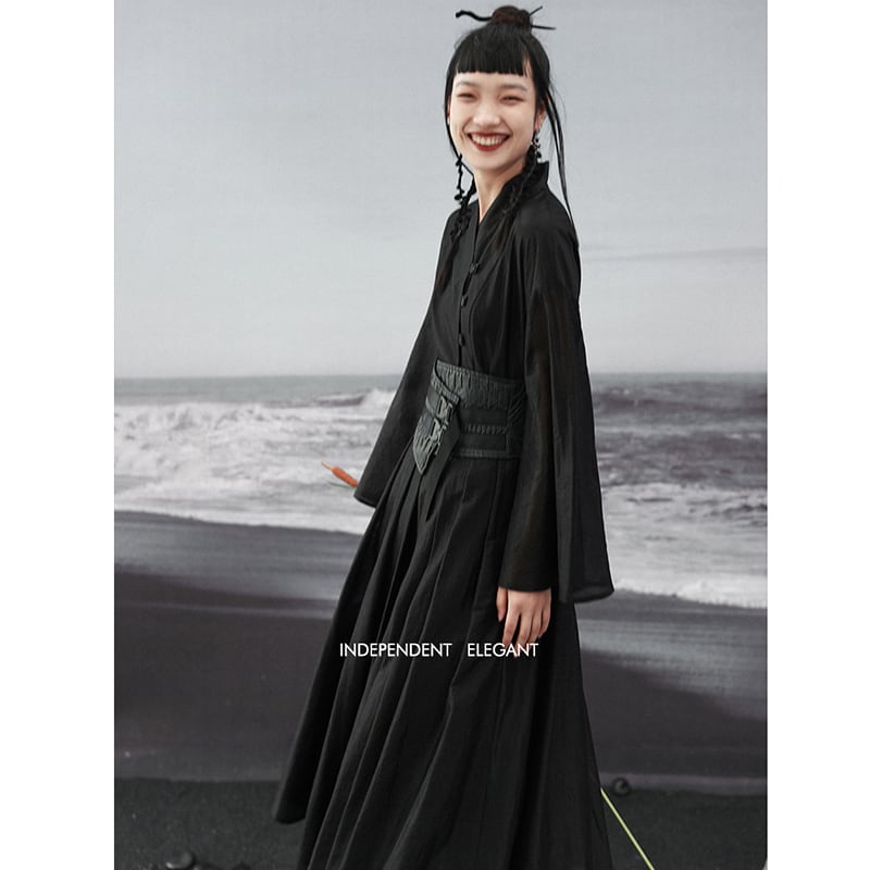 [Da Qinglong Shu Series] ★Chinese style dress★ V-neck long sleeve retro long length original temperament enhancement Chinese clothing