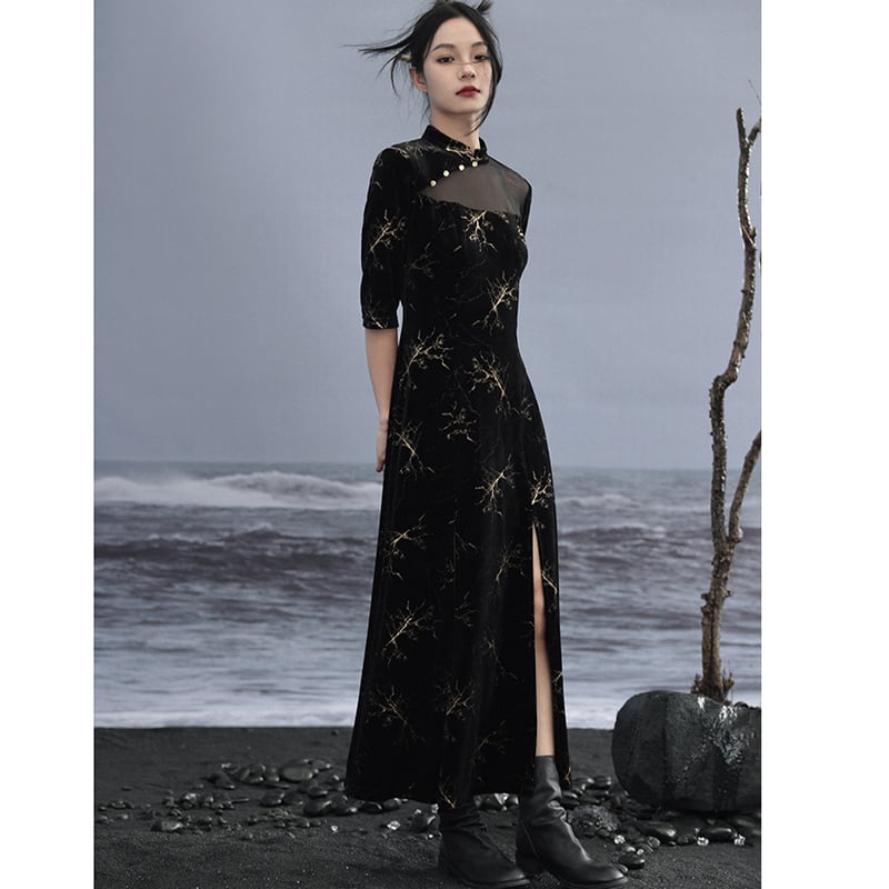 [Daiseiryusu Series] ★China-style dress★ Improved cheongsam dress, velvet, switching slit, black