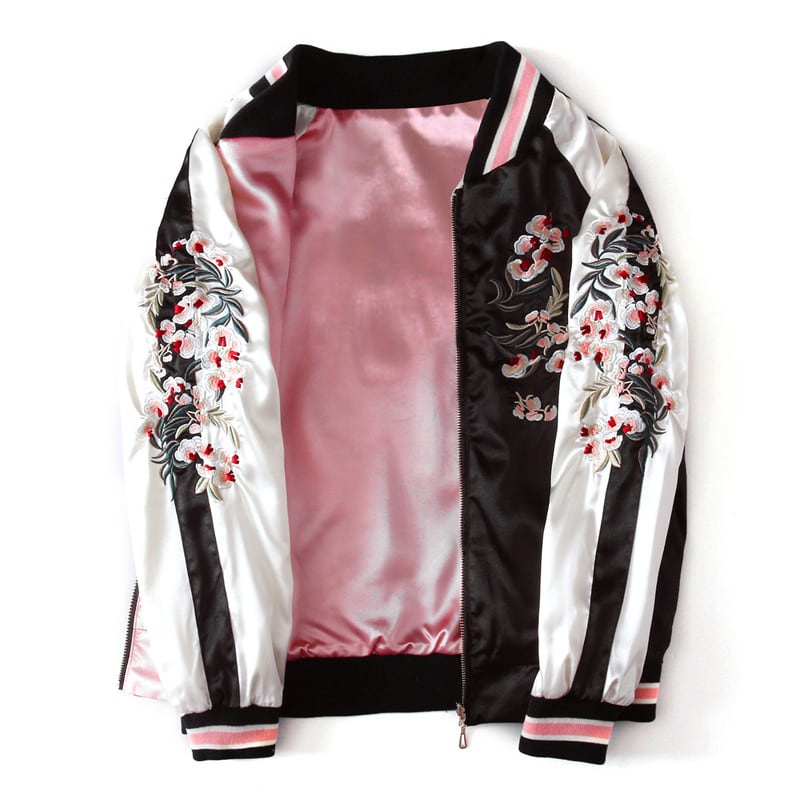 Flower embroidered stadium jacket, double-sided clothing, Chinese style clothing, unisex, couple clothing, pink + black