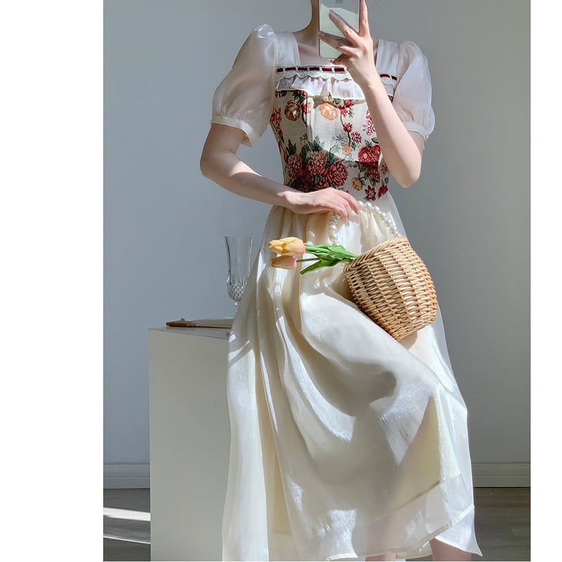 [Yuan Yuan Series] ★One Piece★ Switching Oil Painting Style Retro Short Sleeve Summer Dress Improves Temperament Cute