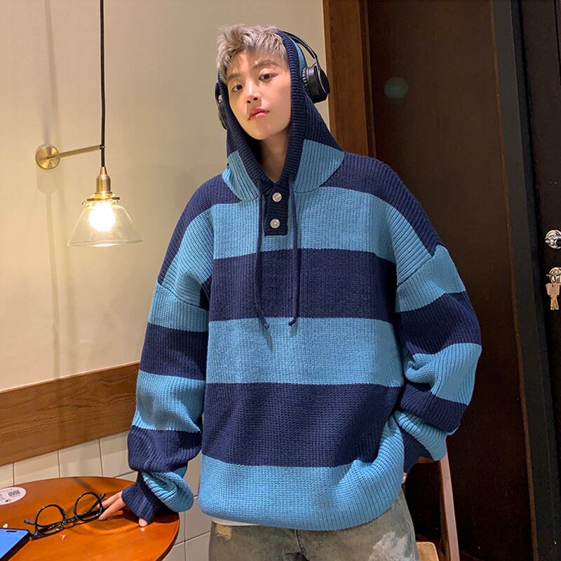 [NANSHI Series]★Sweater★ 2color Knit Parka Tops Unisex Men's Horizontal Stripes Striped Pattern Black Blue