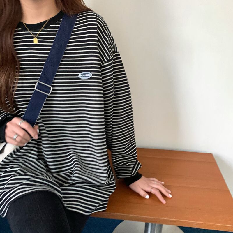 [KEKELI Series] ★Long sleeve shirt★ 2color tops Loose horizontal striped striped pattern Casual Easy to match