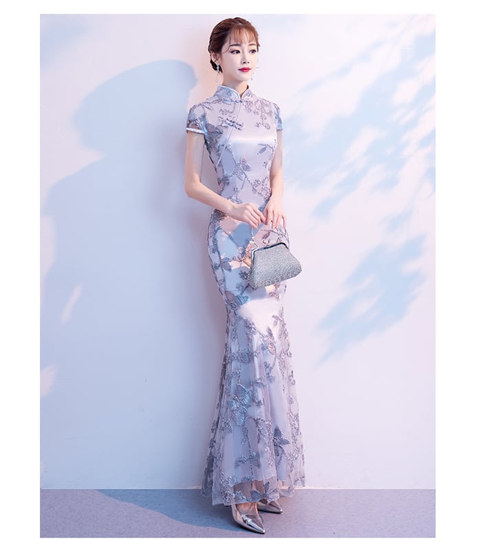 [Bride series] ★Cheongsam dress★ Dress Embroidered Mermaid line Beautiful SML Slimming Silver Gray