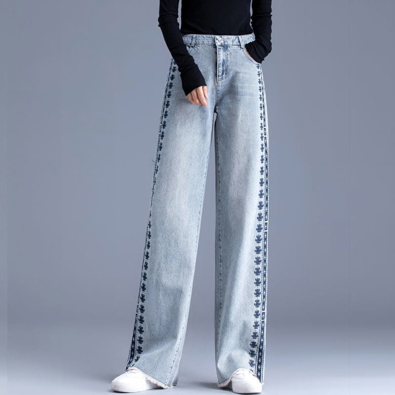 [REHUOJIALI Series] ★Denim Pants★ Embroidery Bottoms Trousers Women's Blue Blue Large Size