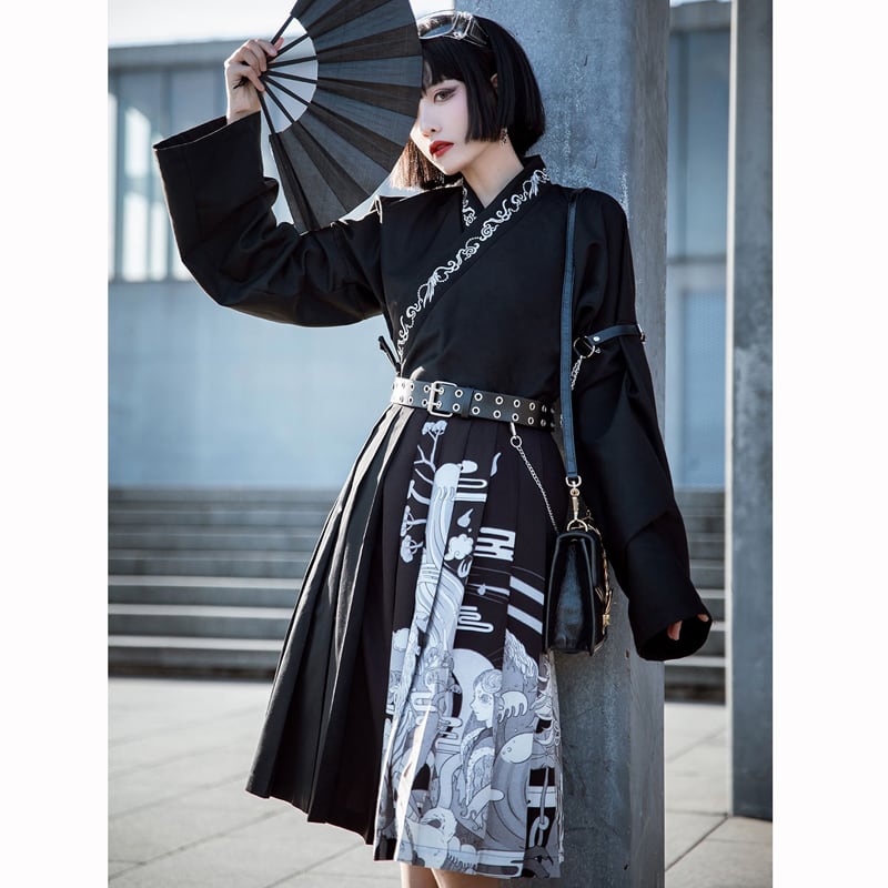 [Kyodo Series] ★China Style Skirt★ China Clothes Pleated Skirt SML LL Print High Waist Black Black