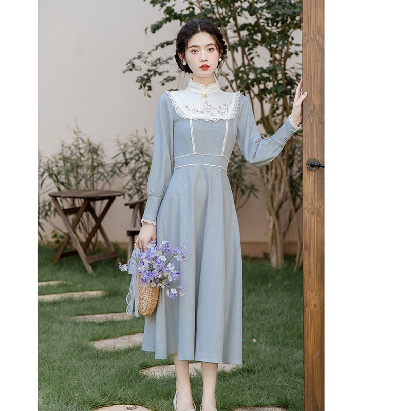 [Tatsuze Chenis Series] ★Chinese style dress★ Hanfu dress, Chinese elements, retro, switching, fake layered, blue, blue