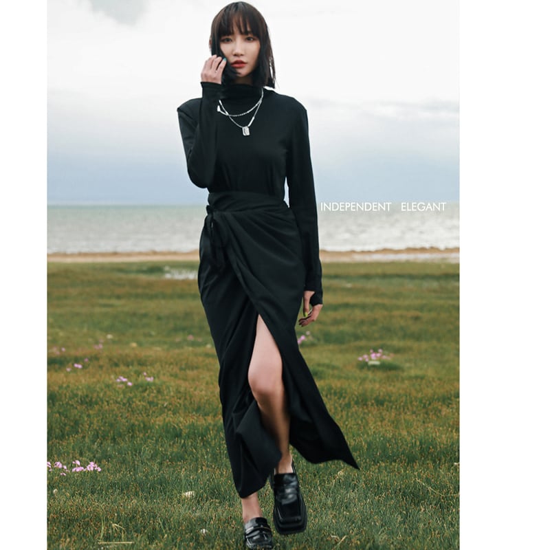 [Daiseiryusu Series] ★Skirt★ Long length slim bottoms wrap skirt sexy simple black black plain