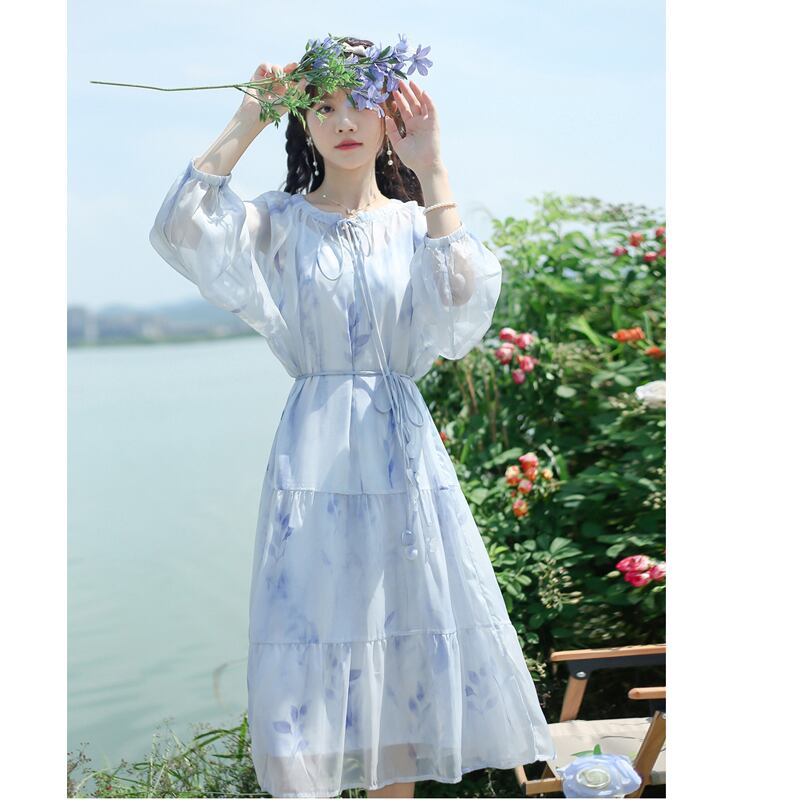 [Hakushu Series] ★2-piece dress set★ Hanging dress + long sleeve dress + chiffon Blue Blue Cute