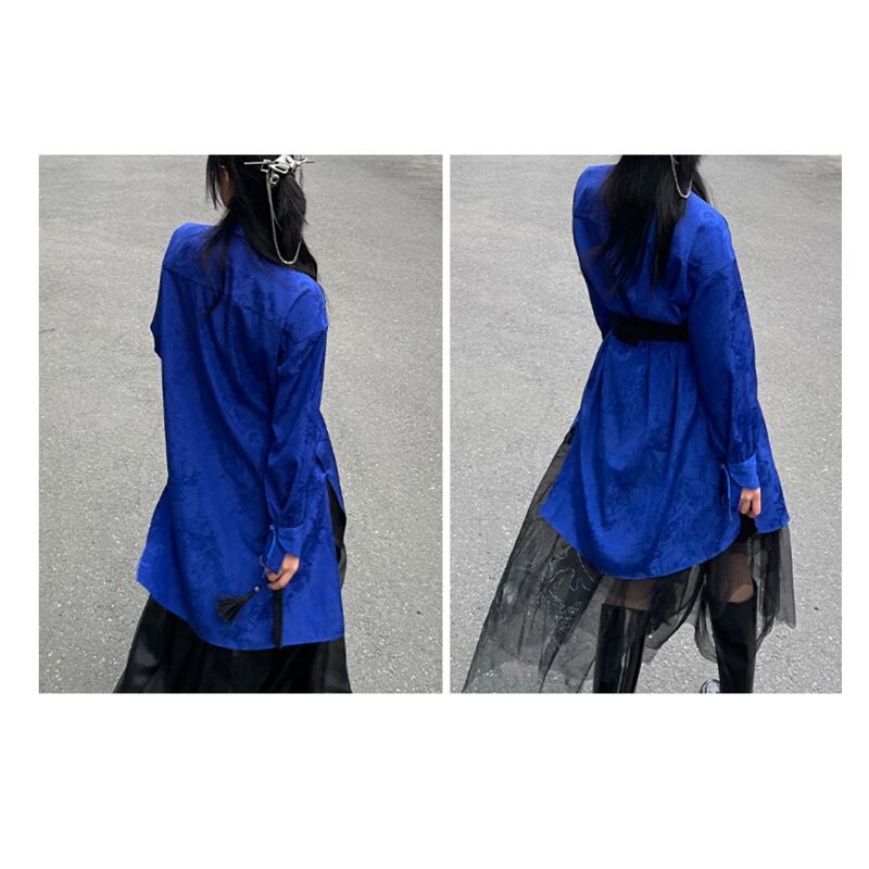 [Unmankana series] ★China style shirt★ 2color long sleeve or short sleeve long shirt original black blue