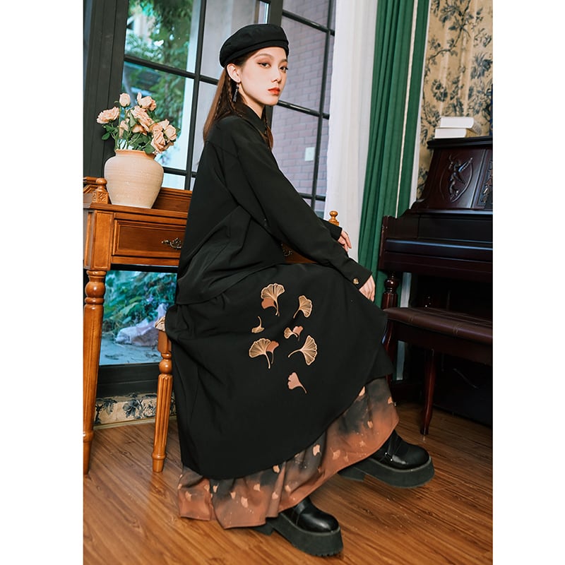 [Kokaisha --- Leaf Series] ★China style skirt★ Bottoms Switching Color scheme Floral print Black Black