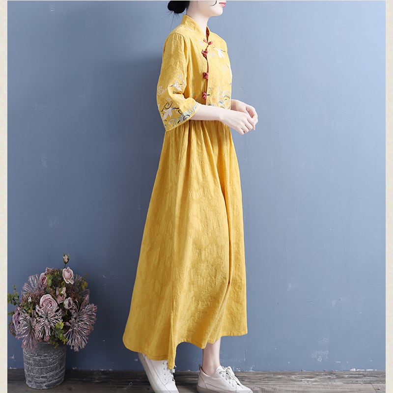 [Qing Series]★Chinese style dress★ 4 colors embroidery cotton linen white yellow blue pink literary style