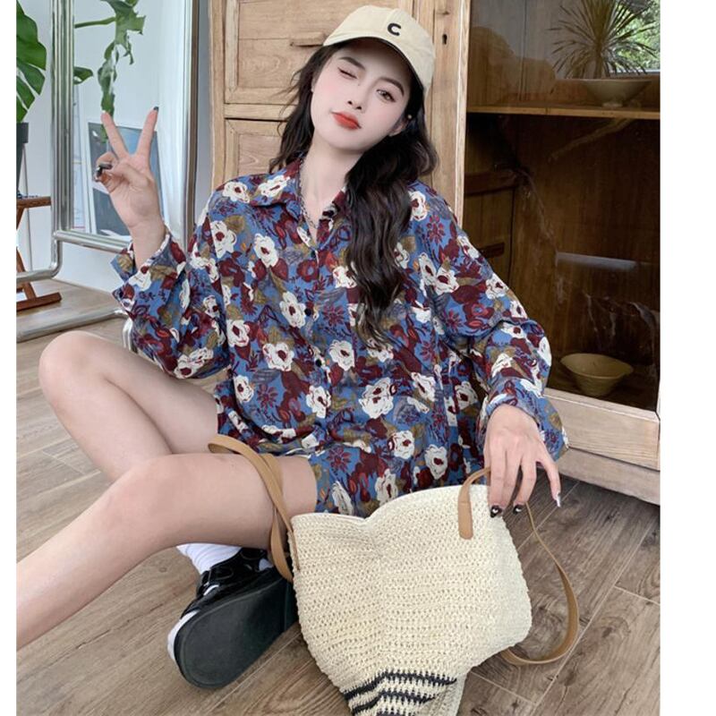 [YOUZI Series] ★Floral Pattern Shirt★ Tops Oil Painting Style Long Sleeve Shirt Loose Retro Commuting Date Cute Blue Blue