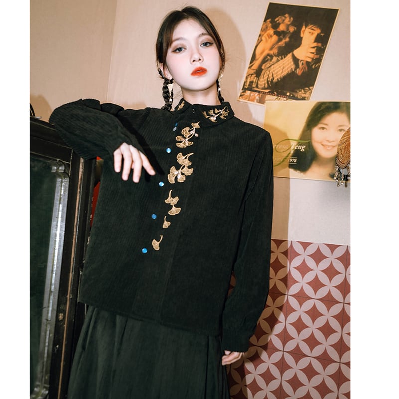 [Kokaisha --- Leaf Series] ★Chinese style tops★ Embroidery Hanfu tops Corduroy Thick Autumn/Winter Clothes Retro Black