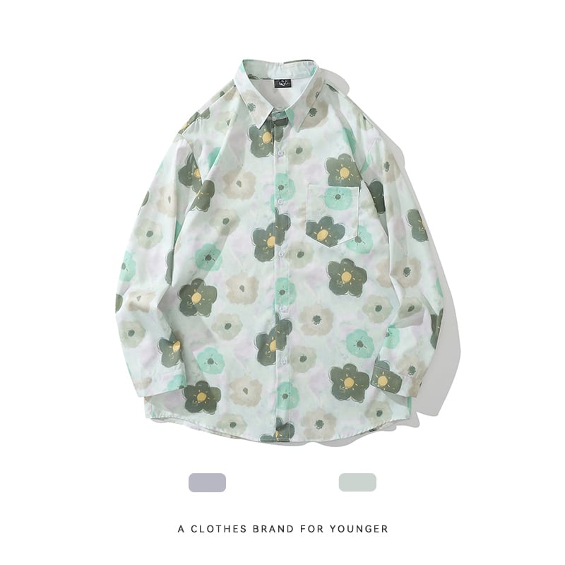 [MOISHE TIDE Series]★Floral pattern shirt★ 2color tops long sleeve shirt spring/summer ML XL 2XL unisex men's green blue