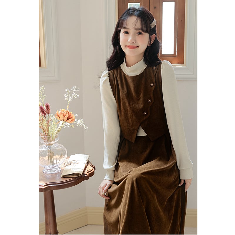 [CHIC Series] ★One Piece★ Faux Layered Corduroy Coffee Color Date Improves Temperament