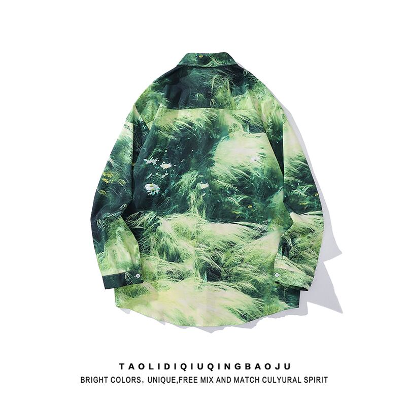 [Escaped Earth Series]★Shirt★ Long sleeve shirt tops oil painting style unisex men's ML XL 2XL Green Green