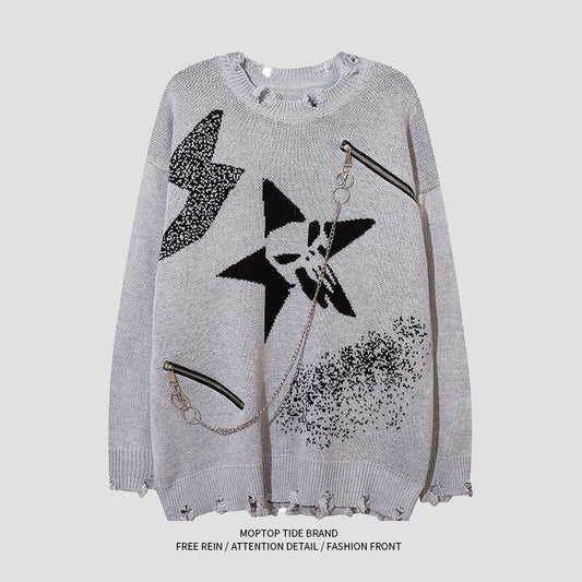 [WH Teacher Series]★Sweater★ 2color Unisex Men's Fashion Stylish With Chain Star Pattern Black Gray