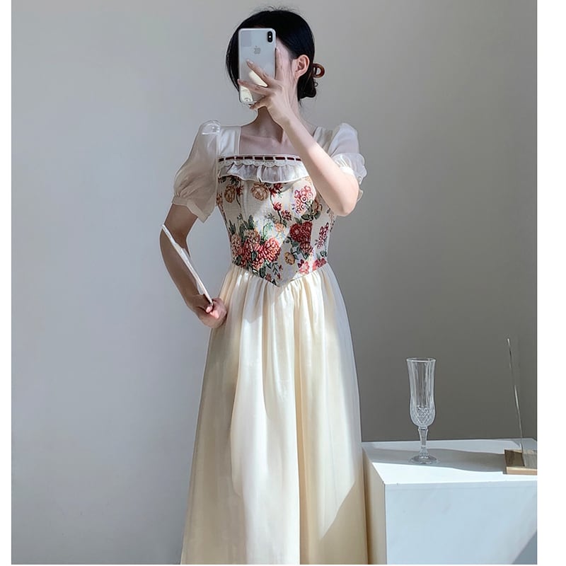 【Yuan Yuanシリーズ】★ワンピース★ 切り替え 油絵風 レトロ 半袖 夏ワンピース 気質アップ 可愛い