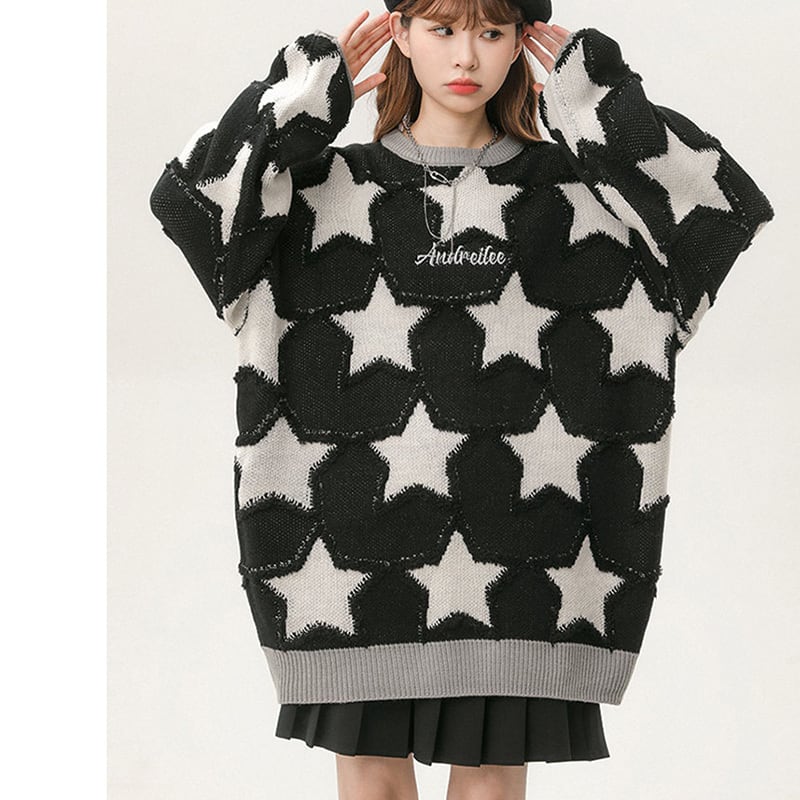 [Ushiomiomi Series] ★Sweater★ 2color Knit Tops Unisex Men's Star Star Green Black Green Black