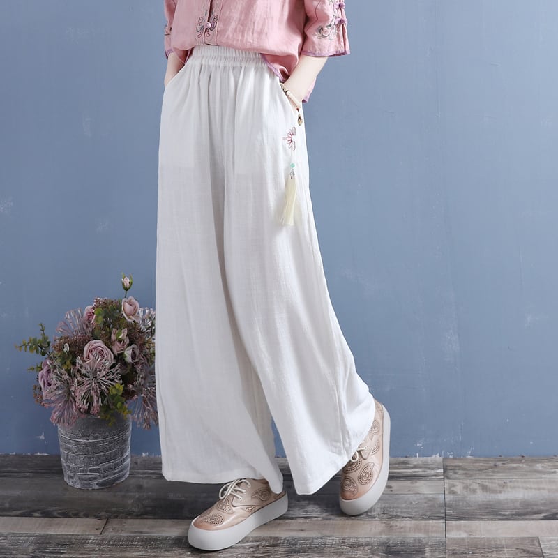 [Qing Series]★China style pants★ 4color White or Blue or Black Bottoms Casual Fringe Gaucho Pants