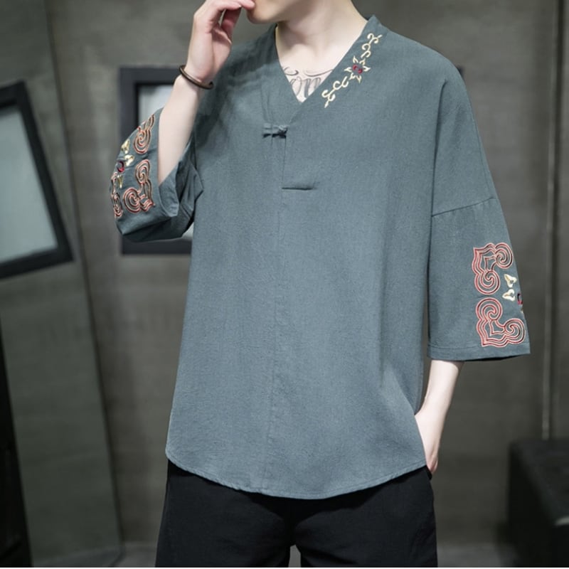 [JUNYI Series]★China style T-shirt★ Tops 3color Unisex Men's Large size Embroidery V neck