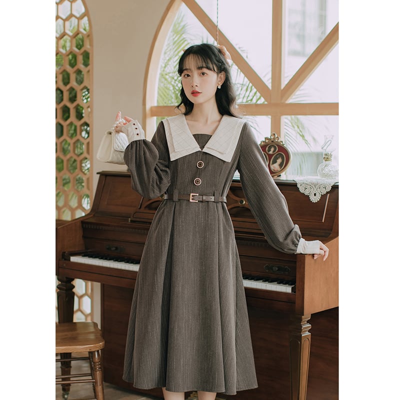 [ZITAIMEIGUI series] ★Dress★ 2color Retro Gray Black Long length Cute Easy to match Improves your temperament