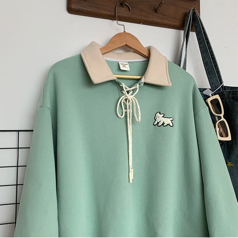 [CHAOMEICHEN Series] ★Tops★ 3color POLO Neck Unisex Men's Long Sleeve Cartoon Apricot Green Navy