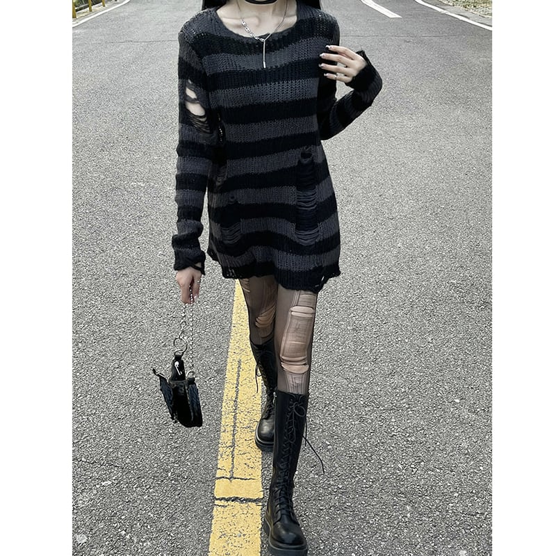 [LadyGhost Series]★Sweater★ 2color Tops Horizontal stripes Striped pattern Distressed Red Black Red Black