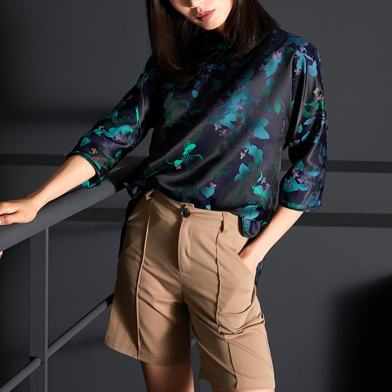 [Furo FRONT Series] ★Chinese style tops★ Shirt Original Floral pattern tops Improves temperament Blue Blue SML