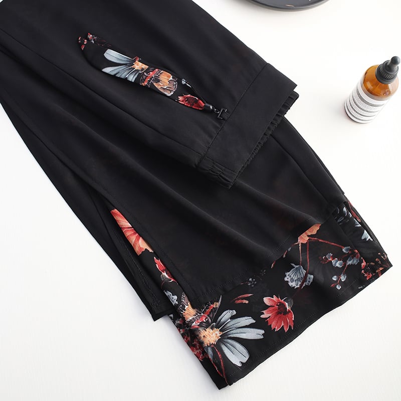 [Banlan Series]★China style pants★ Gaucho pants Floral pattern Casual Cool Elegant Black Black