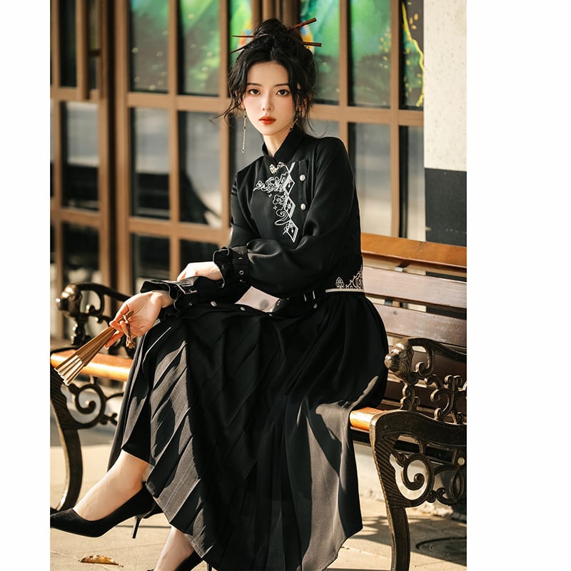 [Dust smoke and cloud dream series] ★China style dress★ With belt, long sleeves, embroidery, black, black SML, slimming, Chinese elements