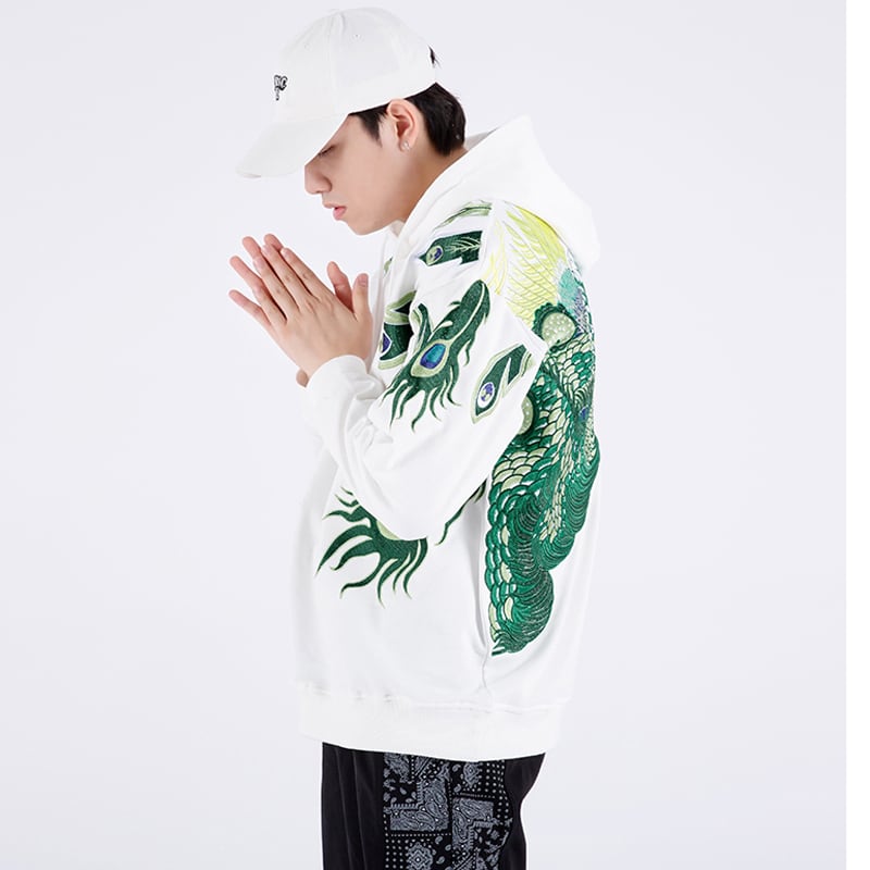 [Machiha clan series] ★Embroidery Chinese style hoodie★ 2color black or white peacock original cool