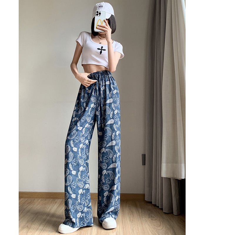 [FENGLIN Series] ★Casual Pants★ Bottoms Trousers Cool Blue Blue Slimming Print Summer Clothes Paisley