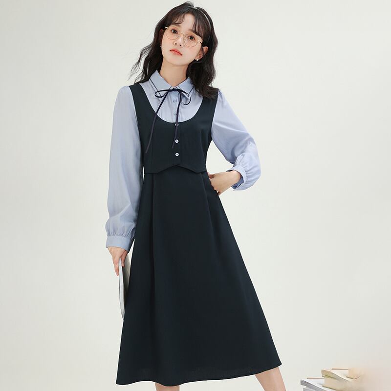 [Minami no Mori Series] ★One Piece★ 2color Women's Fake Layered Ribbon Cute Commuting Date S M L XL