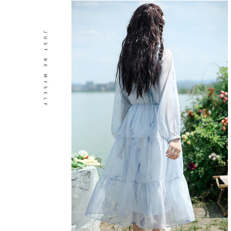 [Hakushu Series] ★2-piece dress set★ Hanging dress + long sleeve dress + chiffon Blue Blue Cute