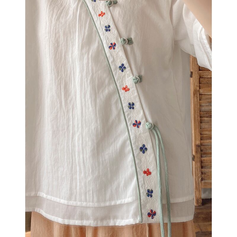 [Happiness series] ★China style shirt★ 5color embroidery tops ethnic style V neck retro green white purple yellow