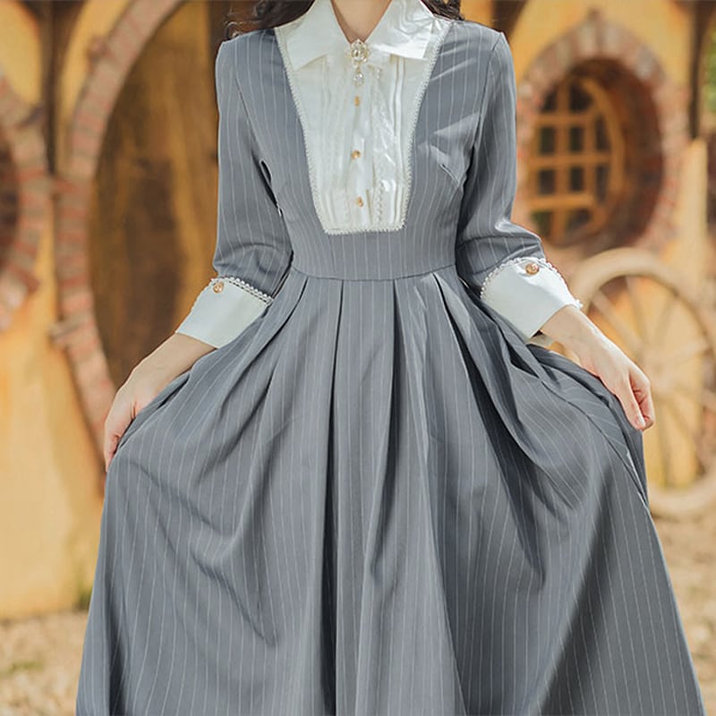 [Tatsuko Chenis Series] ★Long-sleeved dress★ Retro literary style Improves temperament Striped pattern Vertical stripes Gray Gray S M L XL