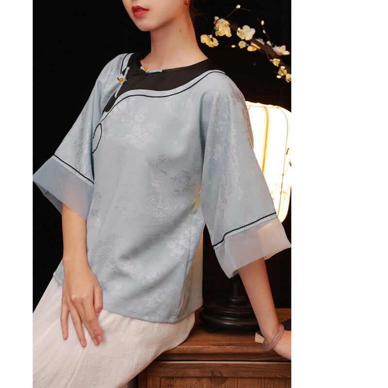 [Chaiyuan Series] ★Chinese style tops★ Shirt Improves temperament Improved Tang suit Thin Republic style Blue Blue Summer clothes