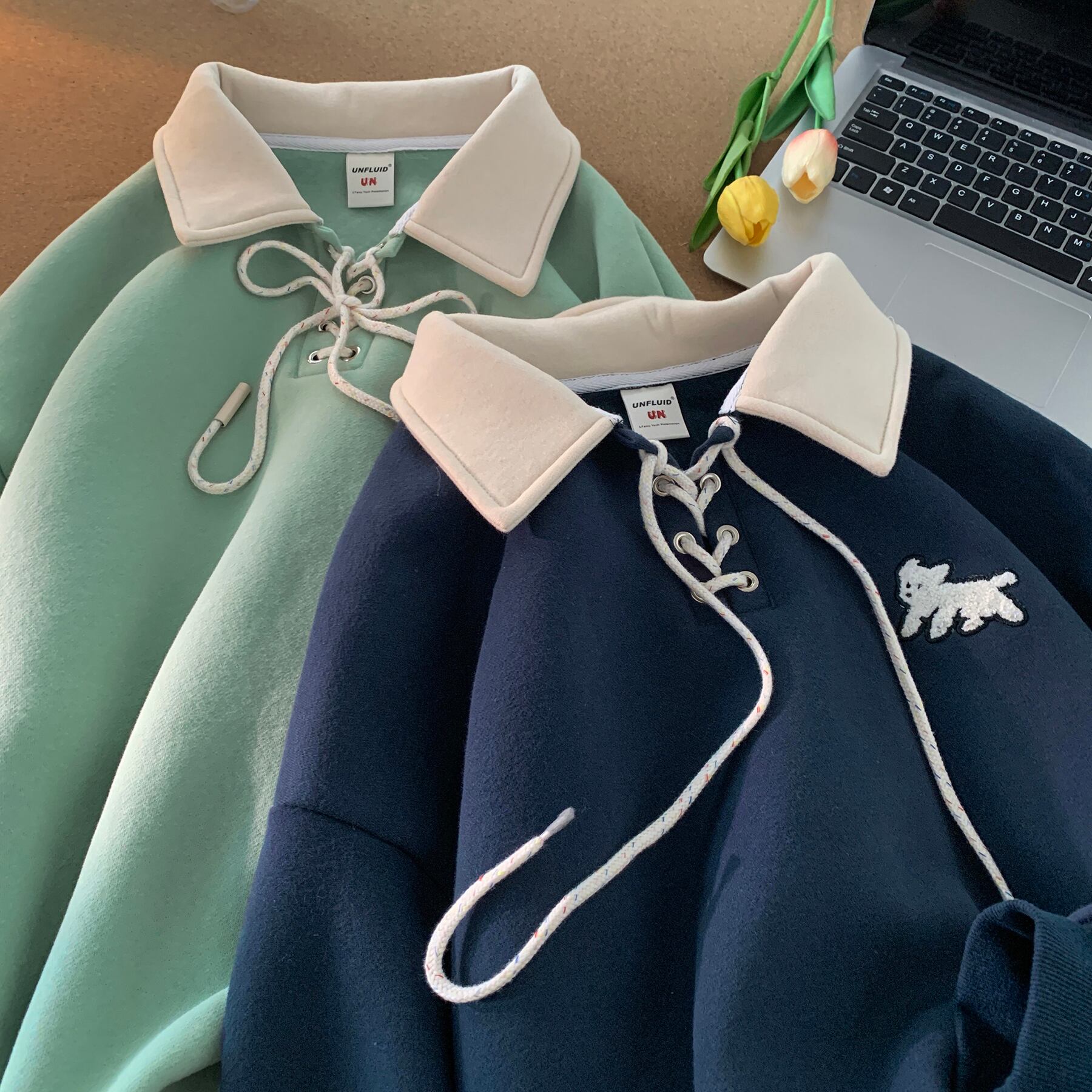 [CHAOMEICHEN Series] ★Tops★ 3color POLO Neck Unisex Men's Long Sleeve Cartoon Apricot Green Navy