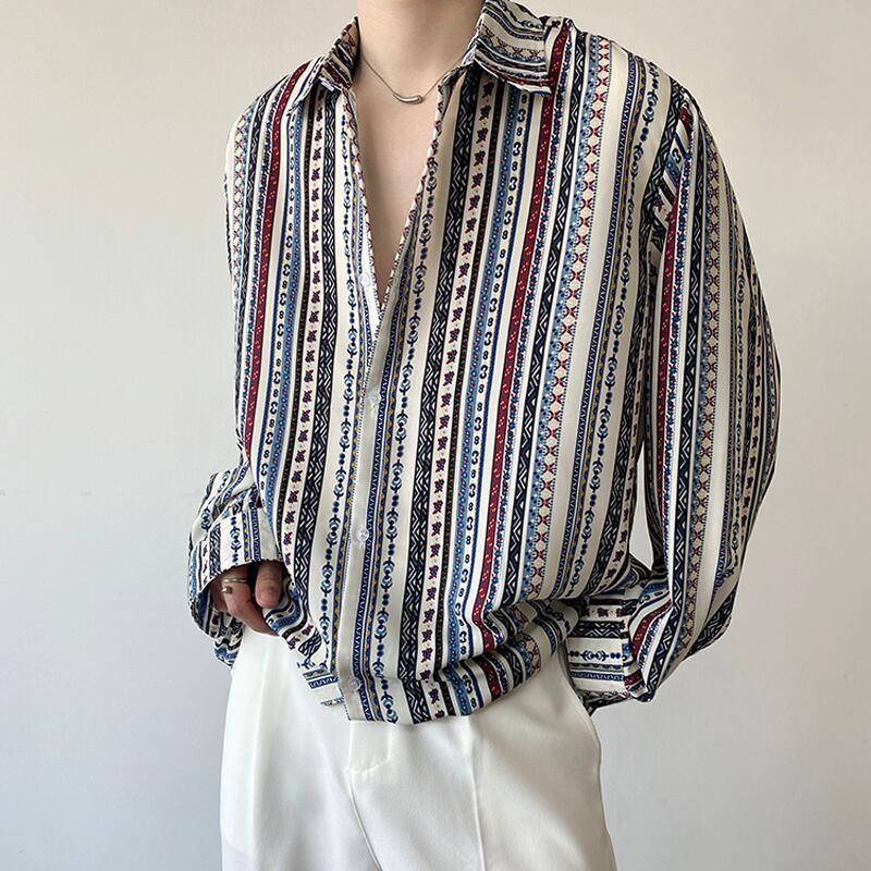 [Illustrated Series]★Shirt★ Tops Unisex Men's Design Print Vertical Stripes Striped Pattern Casual