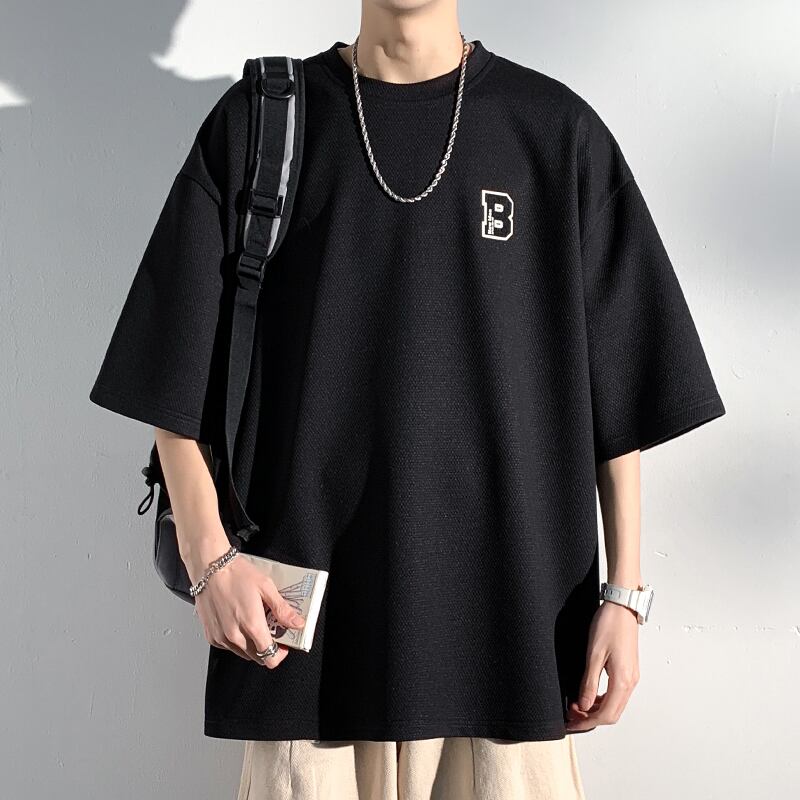 [BIGEMAN Series]★T-shirt★ Tops 2color Unisex Men's Large Size Black Gray Short Sleeve Casual